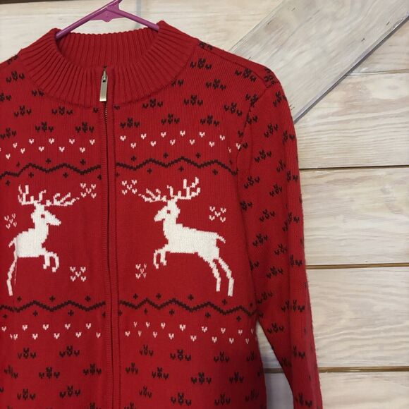 TALBOTS RED ZIP FRONT CARDIGAN - NORDIC DEER FAIR ISLE MP - Picture 3 of 7